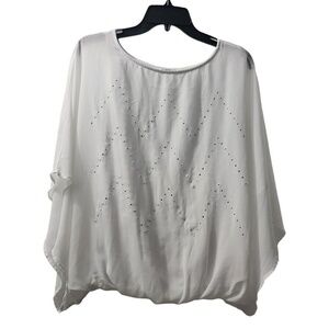 Chic White Poncho Top Rhinestone Embellished Blouse‎ Flowy Oversized